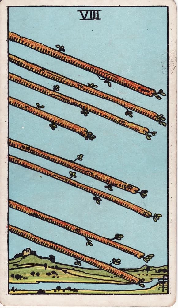 완드 8 (Eight of Wands) — RWS 1909