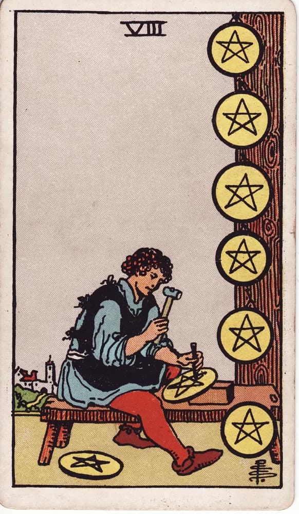 펜타클 8 (Eight of Pentacles) — RWS 1909