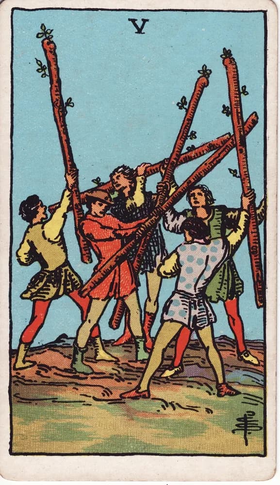 완드 5 (Five of Wands) — RWS 1909